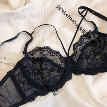 超薄性感聚拢蕾丝边大胸显小有钢圈透明胸罩内衣文胸套装 性感黑 75c