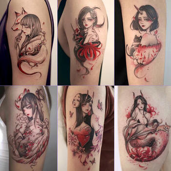 艺花臂纹身贴防水:女:仿真暗黑系ins 九尾狐彼岸花套装(随机1张))
