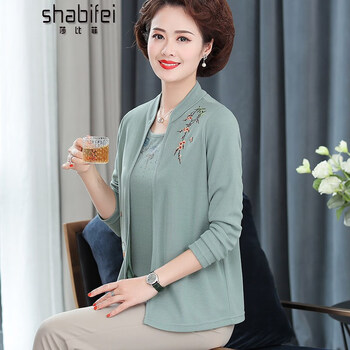 莎比菲妈妈秋装外套女中老年人女装短袖T恤两件套装50岁中年女春秋衣服 绿色 2XL（建议105-115斤内穿）
