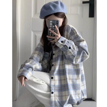 帅洛格花格子衬衫初高中女学生春秋季少范磨毛格子秋小清新学院风叠穿
