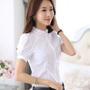 夏季衬衫短袖女韩版气质木耳花边领白色衬衣女士修身立领职业上衣sn