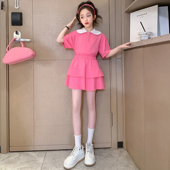 宽松衣服4-16岁儿童女孩短袖短裙休闲两件套洋气 女孩时尚套装-粉色