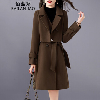 佰蓝娇两件套套装裙子2024春秋冬季女装新款洋气质小个子西装连衣裙 咖色 M