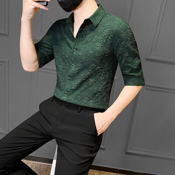 冰丝弹力七分袖男衬衫夏花男短袖夏季衣服感男装痞帅衬衣墨绿色m