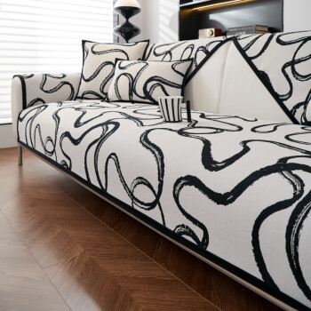 欧约（OUYUE）艺术感雪尼尔沙发垫四季通用现代防滑坐垫防猫抓高端盖布巾黑白咖 线条黑 60*60cm
