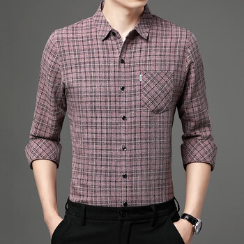 酌芙秋季新款男士长袖衬衫中年休闲格子真口袋翻领爸爸男士打底红色