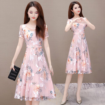 唐卿夏季中年妇女小个子连衣裙高端404女士裙子新款低领改良旗袍粉色