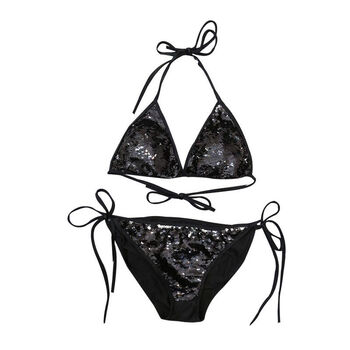 火辣新款欧美比基尼性感小胸聚拢三点式度假bikini绑带分体游泳衣黑色