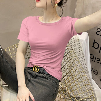 RKTR 短袖t恤女韩版夏季新款半袖简约百搭打底衫上衣 浅粉色 L（97-108斤）