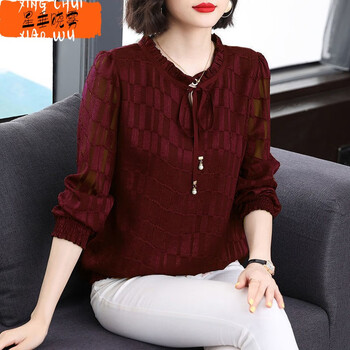 中年人穿的夏天的长袖衣服女装大码女装长袖雪纺印花上衣200斤胖妹妹宽松显瘦旗袍/唐装中年妈妈衫 酒红色 XL 115-130