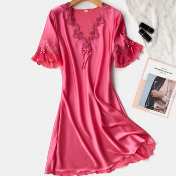 女士春夏蕾丝睡裙睡衣女夏真丝短袖睡裙薄款蕾丝性感睡裙女春秋丝绸