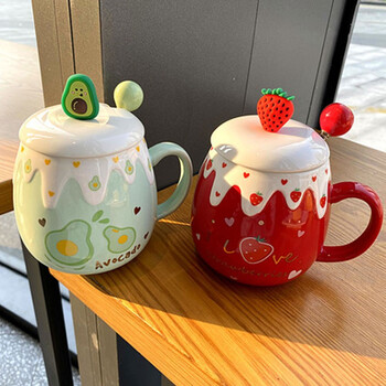 居富德水杯女办公室用陶瓷杯可爱水果马克杯少女心个性带盖勺学生杯子