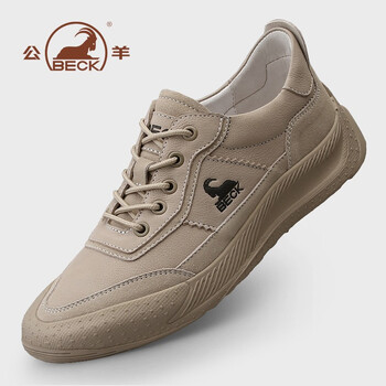 公羊男鞋春秋新款男士休闲鞋男英伦百搭时尚板鞋休闲皮鞋贝壳鞋沙色