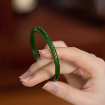 岐昌堂 天然和田玉手镯俄罗斯碧玉老坑圆条叮当镯菠菜绿玉镯子珠宝