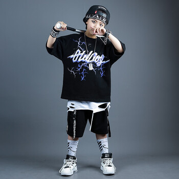 擎嵘装潮童儿童街舞服装男童套装韩版童装新款夏装宽松嘻哈短袖字母