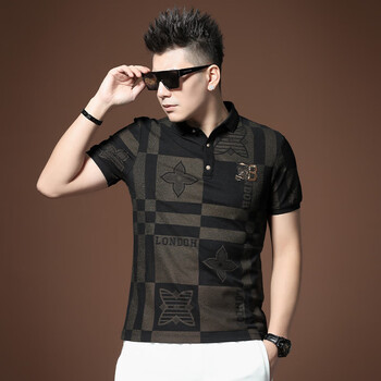 金梵古驰欧洲站烫金短袖t恤男潮牌2022年新款格子速干男士polo衫黑色m