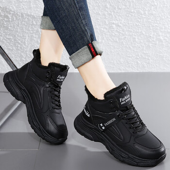 回力女鞋秋冬季新款皮面防水防滑运动鞋黑色老爹鞋学生高帮加绒棉鞋