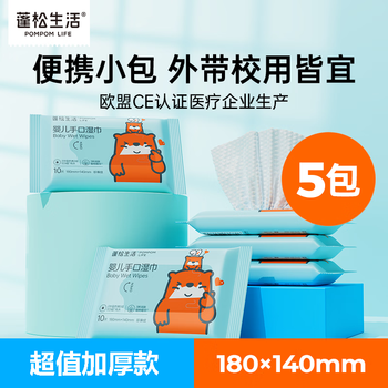 蓬松生活【精选】婴儿湿巾便携随身装新生儿宝宝手口小包口袋湿纸巾 婴儿手口湿巾10抽*5包