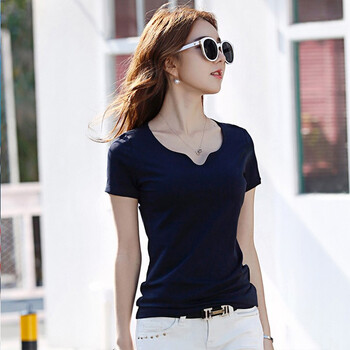 夏季热天衣服女装新款棉质v字领修身t恤女短袖净版纯色百搭显瘦身体桖