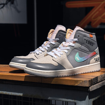 耐克nikeaj1定制ow灰蓝色男子球鞋定制潮流篮球鞋休闲鞋diy灰白色含鞋
