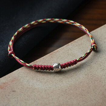 可调节纯银转运珠幸运手链 复古五彩绳男女情侣闺蜜编织手绳 红绳款