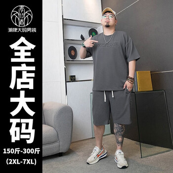 素行者（XUXERZER）大码男装短袖套装男加肥加大胖子穿搭宽松T恤肥佬透气运动套装 灰色-套装 4XL(200-225斤)