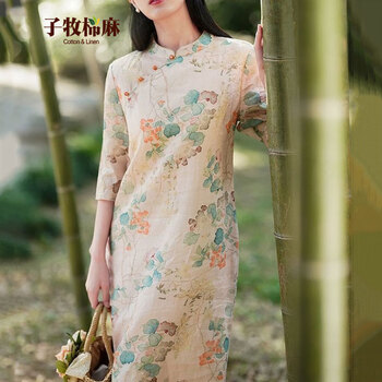 子牧棉麻夏装 女文艺复古印花改良中长款旗袍斜襟立领中式连衣裙6820 青枝绿叶 M(建议95-110斤)