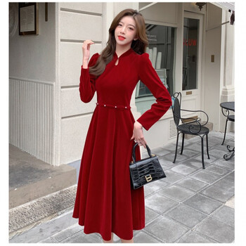 以欧新款冬季丝绒长袖酒红色回门服晚礼服裙简单大气冬连衣裙8606红色