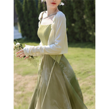 妍莉芬（yanlifen）吊带连衣裙新中式女装国风女2023秋季新款感水墨晕染裙子夏天 绿白 (吊带裙+开衫) L