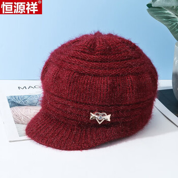 人帽子女冬天妈妈毛线帽加绒加厚奶奶保暖针织老太太棉帽子枣红色均码