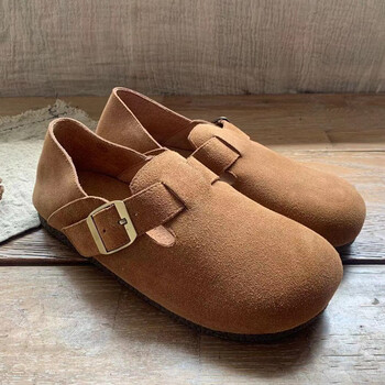 勃肯鞋森系复古牛皮大圆头懒人平底百搭休闲女单鞋舒适毛毛鞋驼色35