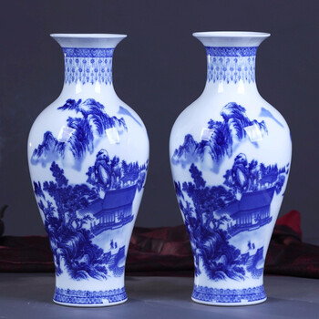 loyo景德镇青花瓷花瓶陶瓷摆件插花瓶客厅复古瓷器中式家居装饰工艺品 大号-山水人家-鱼尾（单个价）