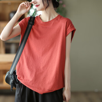 文艺纯色上衣女士显瘦文艺圆领包袖t恤休闲短袖红色均码建议150斤内