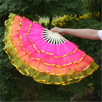 舞蹈扇子跳舞扇批发广场舞扭秧歌双面演出左右手渐变纱扇4层粉外黄