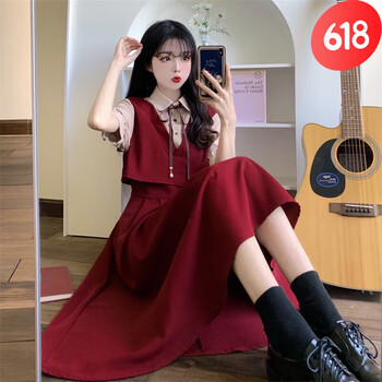 裙子女青春可爱青少年高中女生大学生法式复古连衣裙薄红色m码75100斤