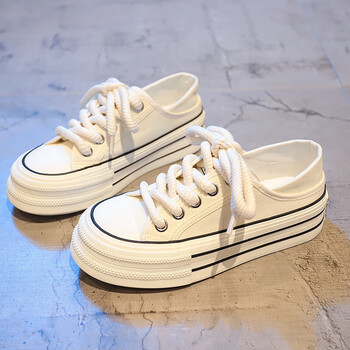帆布鞋夏女款板鞋洋气厚底休闲懒人松糕女鞋子薄款潮2023新款米白色38