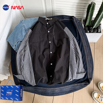 like联名假两件条纹衬衫男潮牌宽松感上衣服日系原宿风盐系衬衣黑色xl