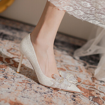 公主婚纱婚鞋新娘鞋年轻气质款细跟水晶蝴蝶结白色法式白色6厘米34