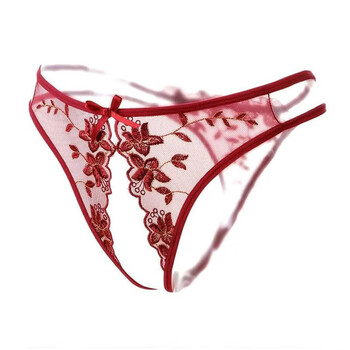 性感女丁字裤珍珠激情透明开档性感刺绣蕾丝风诱惑免脱 镂空ぃ刺绣(红