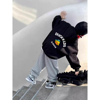 gduckkids童装男童加绒连帽卫衣2023新款儿童上衣中大童亲子装潮春秋
