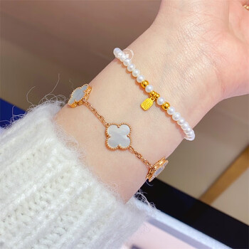 恋思潮黄金錾刻福牌实心手链女足金999转运珠时尚潮流珍珠手串18k金尾