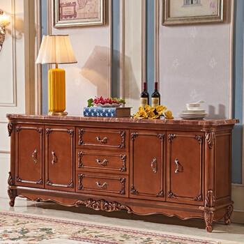 欧式实木餐边柜复古雕花碗柜美式储物柜子大理石面餐厅柜子简欧餐边柜