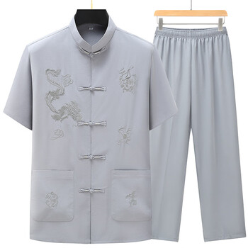 ygrp中老年唐装男士爷爷夏季短袖老人衣服中国风麻料套装爸爸夏装衬衫