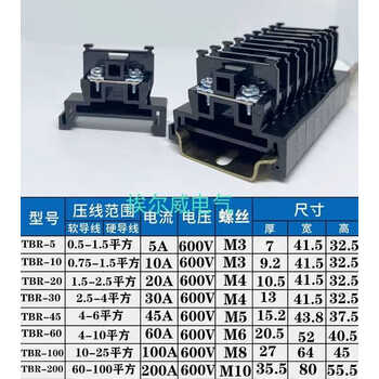 端子排tbr-10导轨组合式tbr5a/10/20/30/45/60/100/200a tbr6050只/盒