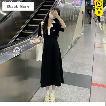 Ebruk Mare2023新款夏季黑色领气质连衣裙长款收腰显瘦设计感百搭 黑色[POLI瓴  长裙] 2XL 建议136到150斤