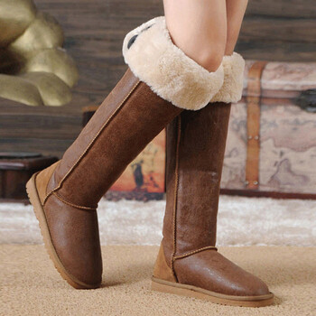 东北雪地靴高筒女过膝长靴牛皮高筒真1皮冬靴拼色冬季加绒厚底防泼水