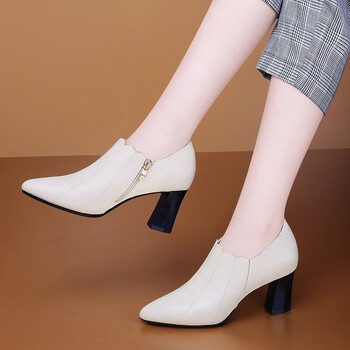 abnikece头层牛皮单鞋女深口尖头粗跟高跟鞋2022春季新款女鞋中跟黑色