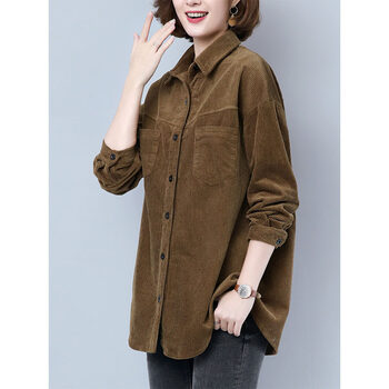 长款秋冬灯草绒灯心绒女外穿宽松春秋新款流行中长条绒上衣衬衣咖色l