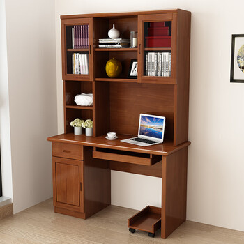 蔚予床头柜实木电脑桌带书柜现代中式书架橡胶木直角书桌带柜门连体组