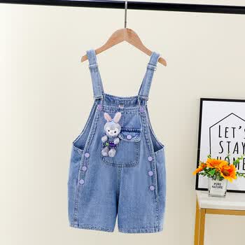 宝路鸭背带裤女儿童女童套装夏季2024新款中大童薄款短袖吊带裤子牛仔